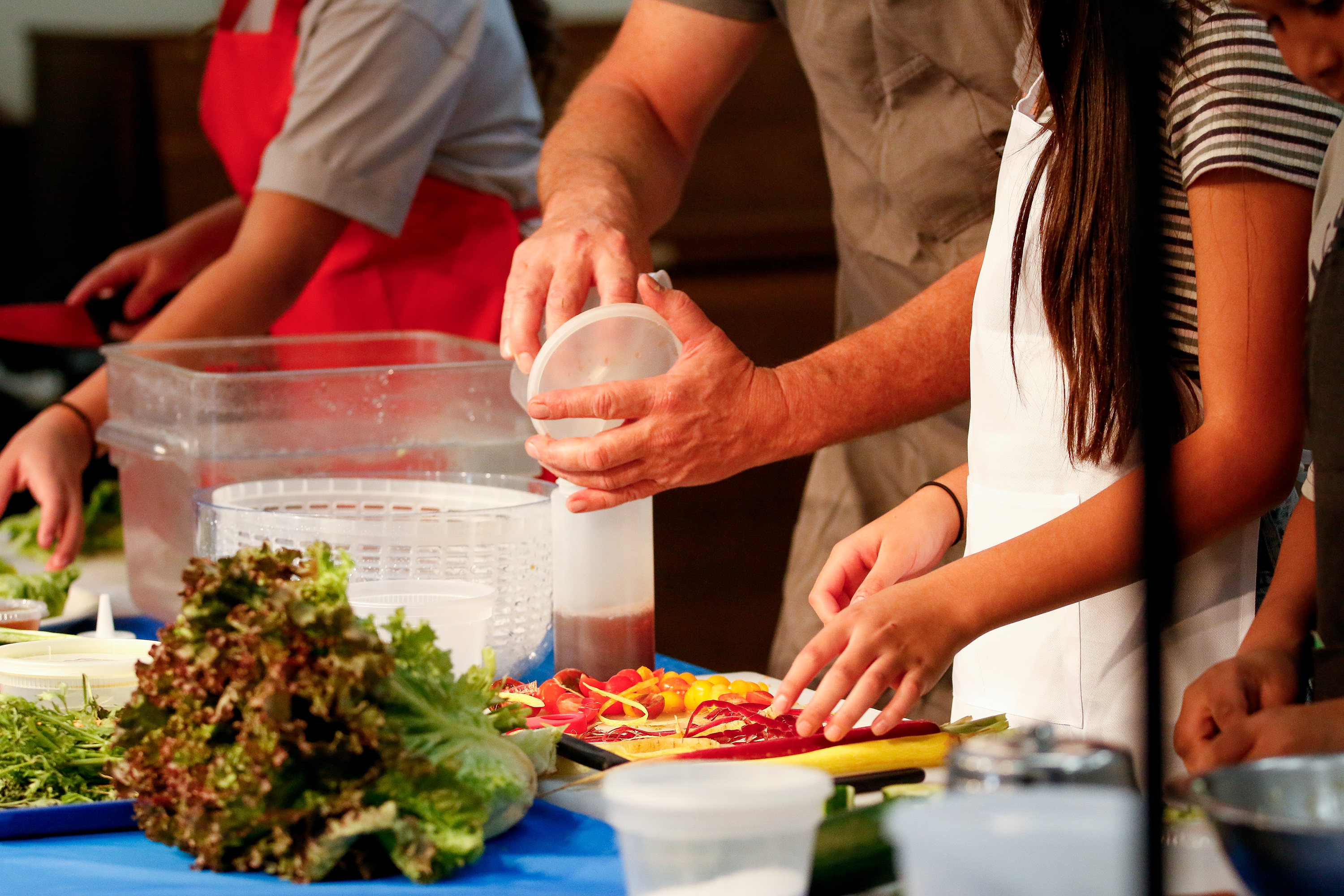 a closeup of students' hands chopping vegetables